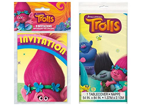 Unique Industries Pack of 8 Trolls Party Invitations Trolls Plastic Table Cover Bundled by Maven Gifts