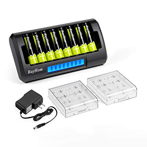 RayHom AA Rechargeable Batteries with Charger - 8 Bay Smart LCD AA AAA Ni-MH Ni-Cd Battery Charger with AA Rechargeable Batteries 1.2V 2800mAh (8 Pack