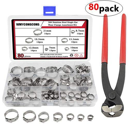 WGCD WMYCONGCONG 80 Pcs Stainless Steel Single Ear Hose Clamps Cinch Clamp Rings with Ear Clamp Pincer Kit 7-21mm
