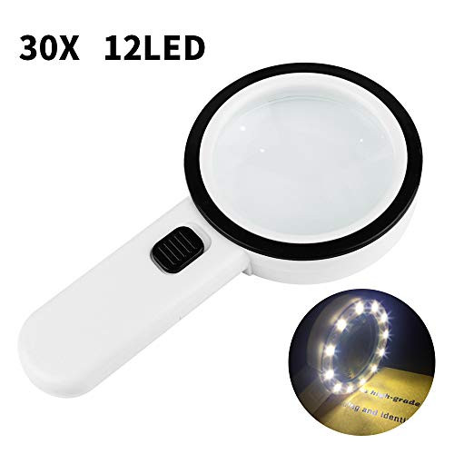 Magnifying Illuminated Magnifier with Light,Lighted Magnifying Glass for Reading,12LED 30X Handheld Magnifying Glass for Close Work,Reading,Kids,Elder