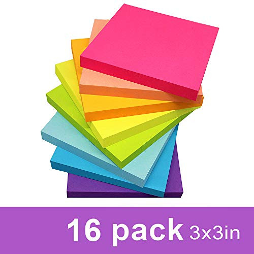 Sticky Notes 3x3 Inches,Bright Colors Self-Stick Pads, Easy to Post for Home, Office, Notebook, 16 Pads/Pack