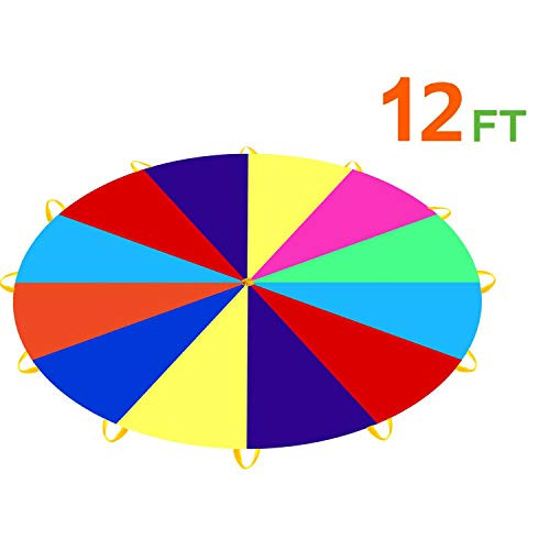 Pantrasamia Kids Play Parachute 12 Foot for Kids with 12 Handles, Multicolored Parachute for 8 12 Kids Tent Cooperative Games (12 ft)