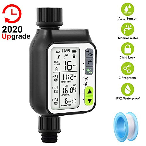 OneBom Water Timer Programmable, Digital Watering Timer 2nd Generation Upgraded,Sprinkler Hose Timer + Teflon Tape with 3 Separate Programmer, Rain Se