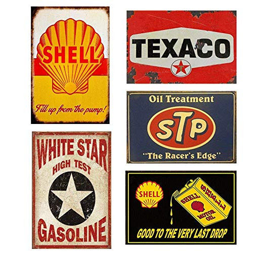 Mora color 5PCS Gas Motor Oil Antique Tin Signs, Vintage Garage Man Cave Retro Posters Bar Pub Wall Decor - 20X30cm