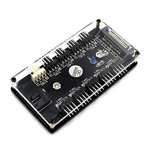 Chassis Fan and CPU Fan 10 Way 12V 3/4 Pin PWM Fan Hub Controller with PMMA case and Magnetic Standoff Power from SATA Power