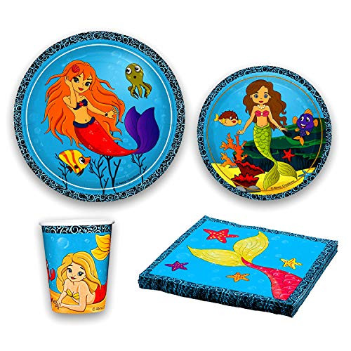 Mermaid Party Supplies - Tableware Set - Includes Mermaid Plates, Cups and Napkins - Serves 24 Guests