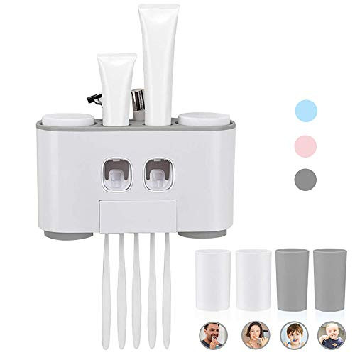 Konesky Toothbrush Holder,Wall-Mounted Toothpaste Holder, Automatic Toothbrush and Toothpaste Squeezer Dispenser Kit with 5 Toothbrush Slots 4 Cups 2 Konesky Toothbrush Holder,Wall-Mounted Toothpaste Holder, Automatic Toothbrush and Toothpaste Squeezer Dispenser Kit with 5 Toothbrush Slots 4 Cups 2