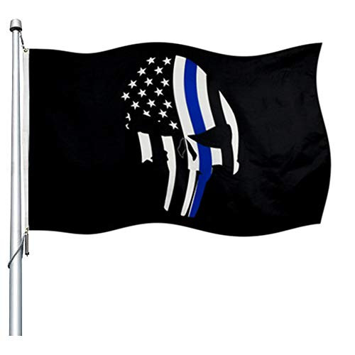 Gmeitoey Punisher Thin Blue Line Police Flag- Demon Skull Military Flags Banner 3x5 Outdoor 100% Durable Polyester with 2 Grommets