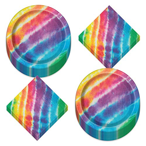 Tie Dye Rainbow Paper Dinner Plates and Napkins - Beach Bum, 60's Decades, and Hippie Theme Party Supplies (Serves 16)