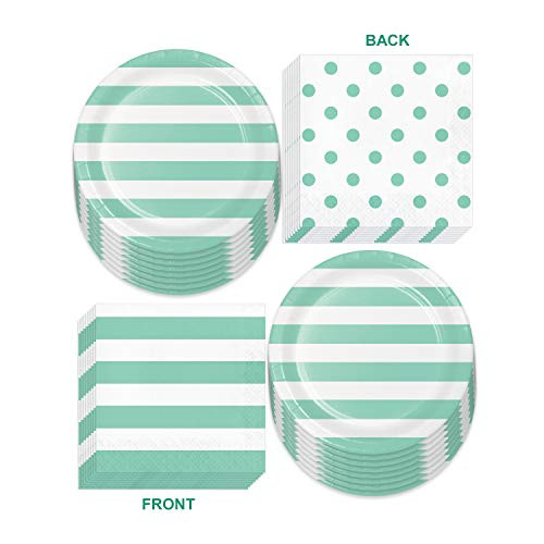 Mint Party Supplies - Polka Dots and Stripes Fresh Mint Paper Dinner Plates and Luncheon Napkins (Serves 16)