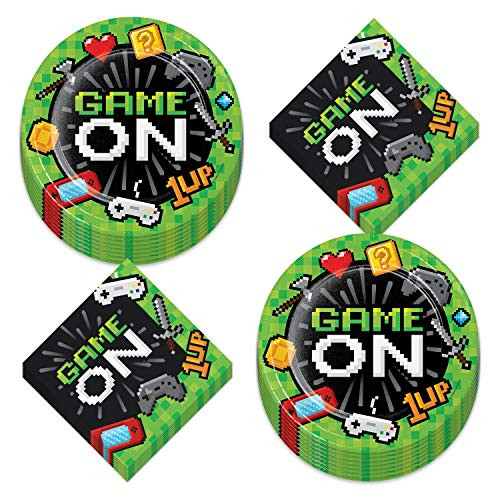Video Game Party Supplies - Pixelated Gaming Paper Dinner Plates and Luncheon Napkins (Serves 16)