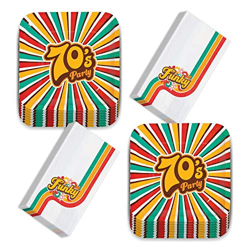 70's Decades Party Supplies - Funky Stripe Paper Dinner Plates and Dinner Napkins (Serves 16)