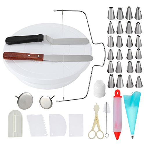Cake Decorating Supplies with 24 Piping Nozzles Roating Cake Turntable,Cake Leveler with 2 PCS 12.7'' Icing SpatulaIcing,Smoother,Pastry Bag,Cake Syri