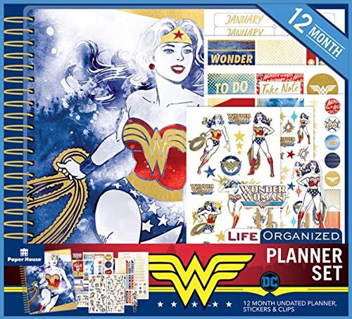 Paper House Productions Wonder Woman 12 Month Planner Set, includes Stickers, Puffy Clips