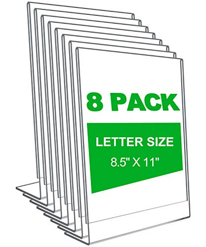 Slant Back Acrylic Sign Holder 8.5 X 11 Inches, Vertical Plexiglass Sign Holder, Lucite Frames Display Flyer, Sign, Ad, Poster, and Picture (8 Pack)