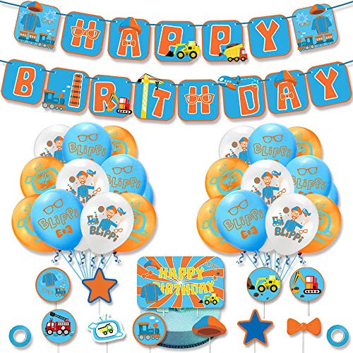Blippi Birthday Party Supplies, Including Party Banner, 11 cupcake toppers, 20 Balloons for Blippi Party Decoration