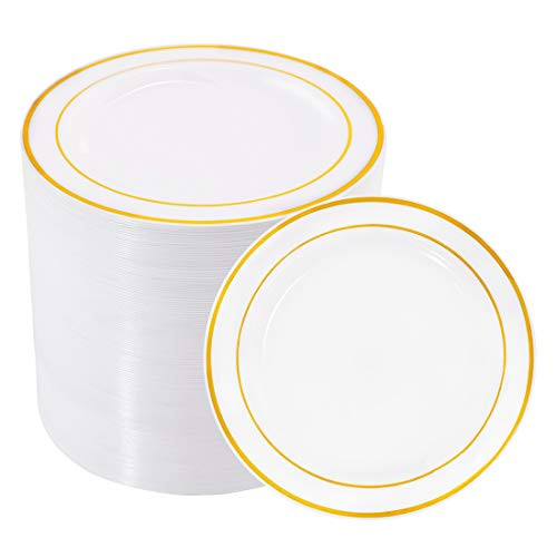 BUCLA 100Pieces Gold Plastic Plates -6.25inch Disposable Salad/Dessert Plates- White with Gold Rim Premium Hard Plastic Appetizer Plates/Small Cake Pl BUCLA 100Pieces Gold Plastic Plates -6.25inch Disposable Salad/Dessert Plates- White with Gold Rim Premium Hard Plastic Appetizer Plates/Small Cake Pl