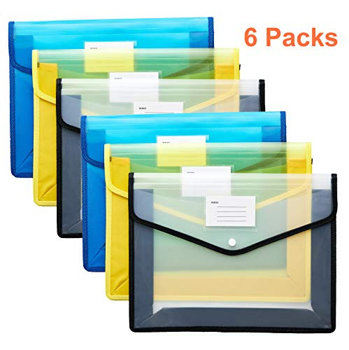 FANWU Legal Size Plastic Document File Folders Poly Envelopes Clear Expanding Wallet File Folder with Snap Button Closure & Flap, 6 Pack Large Waterpr
