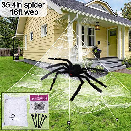 Halloween Decorations, 16 feet Giant Dense Spider Web Super Stretch Cobweb Set with 35.4 Inches Giant Spider, Halloween Indoor Outdoor Yard Decor