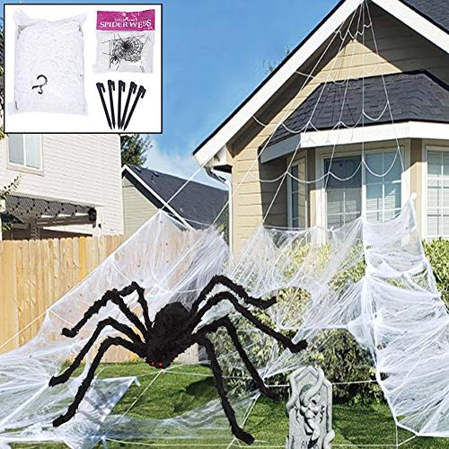 QINGYUN Halloween Decor with 16 Ft Halloween Spider Web + 35.4" Giant Spider, Fake Spider Web Cobwebs for Indoor Outdoor Halloween Decorations