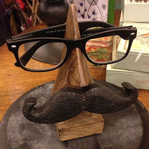 IndiaBigShop Wooden Hand Carved Classic Sheesham Nose-shaped Eyeglass Spectacle Holder with Black Mustache Perfect for Home and Office Decor 6 Inch