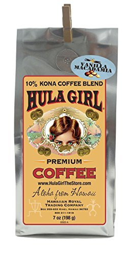 Hula Girl 10% Hawaiian Kona Coffee Blend Vanilla Mac Nut, 7 Ounce