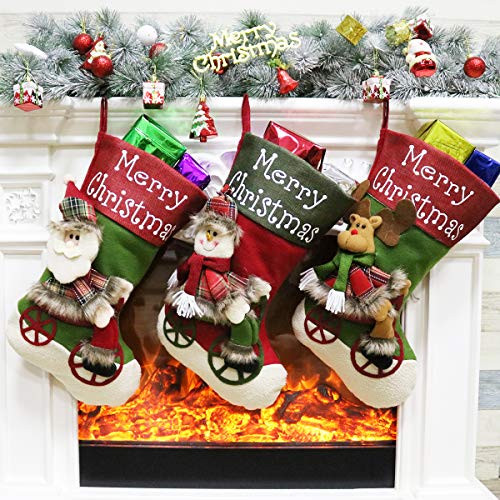 Aitey Christmas Stocking, Set of 3 Santa, Snowman, Reindeer, Xmas Character 3D Plush with Faux Fur Cuff Christmas Decorations and Party Accessory 3