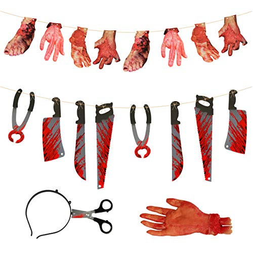 Halloween Scary Props, Homga Halloween Terror Severed Hand Leg Heart Props Set, Scary Bloody Weapon Garland Banner for Halloween Decoration