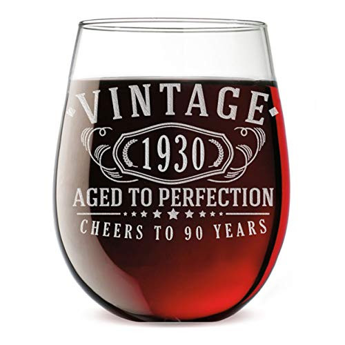 Vintage 1930 Etched 17oz Stemless Wine Glass - 90th Birthday Aged to Perfection - 90 years old gifts