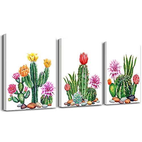 Green plants cactus Watercolor painting Canvas Wall Art for living room Canvas Prints Artwork bathroom Wall Decor 3 Pieces Framed kitchen bedroom wall