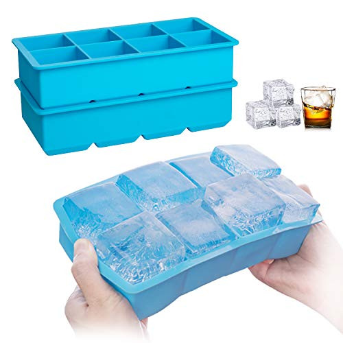 Ice Cube Tray, 2 Pack Silicone Ice Cube trays , 8 - Ice Cubes, Large Square Ice Cube Makers for Whiskey, Cocktail, Brandy, Soups, Baby Food and Desser