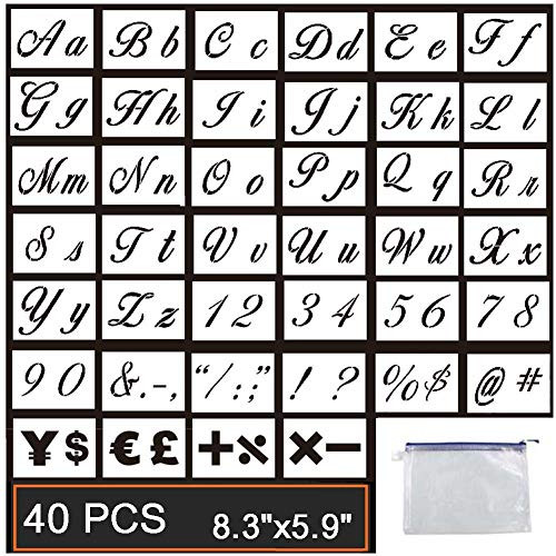 GUVVEAZ Painting Letter Stencils on Wood, 40 PCS Reusable Washable Template with Calligraphy Font Uppercase and Lowercase Alphabet, Numbers and Signs,