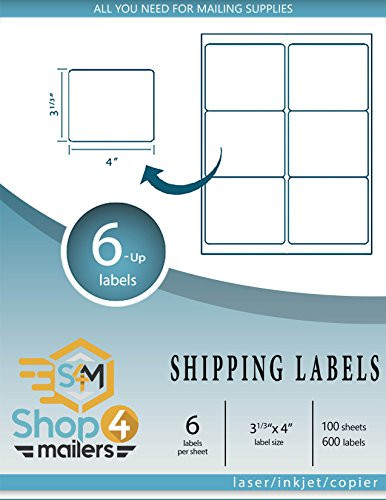 Shop4Mailers 6-Up White Shipping Labels 3 1/3" x 4" ~ 100 Sheets, 600 Labels