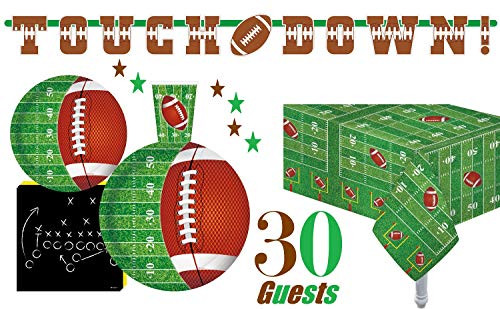 Football Theme Touchdown party supplies for 30 Guests, Includes 30-7" Snack/Dessert Plates, 30-9" Dinner Plates, 30 - Napkins, 30 Cups, 2 Tablecover 5 Football Theme Touchdown party supplies for 30 Guests, Includes 30-7" Snack/Dessert Plates, 30-9" Dinner Plates, 30 - Napkins, 30 Cups, 2 Tablecover 5