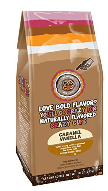 Crazy Cups Flavored Ground Coffee, Caramel Vanilla, in 10 oz Bag, For Brewing Flavored Hot or Iced Coffee Crazy Cups Flavored Ground Coffee, Caramel Vanilla, in 10 oz Bag, For Brewing Flavored Hot or Iced Coffee