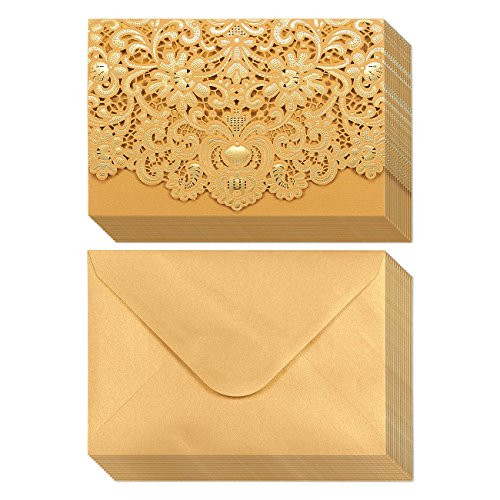 24-Pack Wedding Invitation Cards - Laser Cut Gold Foil and Floral Design Invitation Pockets for Bridal Showers, Engagement Parties, Includes Covers, B