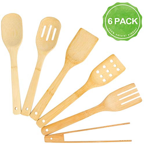 Bamboo Utensil Set Cooking Spoons Set of 6 Bamboo Kitchen Tools Cooking Spatulas Set for Nonstick Pan Cookware Tuners Cookware