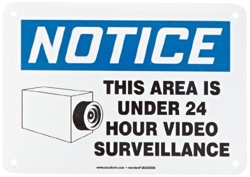 Accuform MASE806VA Aluminum Safety Sign, Legend "NOTICE THIS AREA IS UNDER 24 HOUR VIDEO SURVEILLANCE" with Graphic, 7" Length x 10" Width, Blue/Black