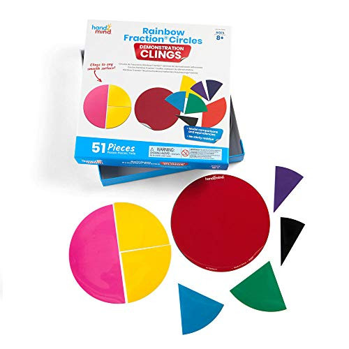 hand2mind Demonstration Clings Rainbow Fraction Circles, 51 Pieces, Circle Fraction Cling To Any Smooth Surface, Math Manipulatives For Angles and Deg