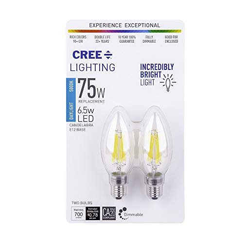 B11 Clear Glass Filament Candelabra 75W Equivalent LED Bulb, 700 lumens, Dimmable, Daylight 5000K, 25,000 Hour Rated Life, 90+ CRI, Good for Enclosed