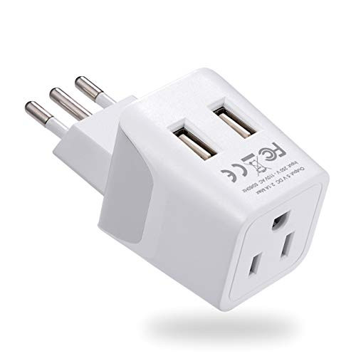Italy, Chile, Uruguay Travel Adapter Plug by Ceptics With Dual USB - USA Input - Type L - Ultra Compact - Perfect for Cell Phones, Laptop, Camera Char
