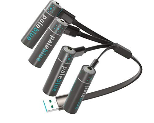 USB Rechargeable AA Batteries by Pale Blue, Lithium Ion 1.5v 1560 mAh, Charges Under 2 Hours, Over 1000 Cycles, 4-in-1 USB to Micro USB Charging Cable USB Rechargeable AA Batteries by Pale Blue, Lithium Ion 1.5v 1560 mAh, Charges Under 2 Hours, Over 1000 Cycles, 4-in-1 USB to Micro USB Charging Cable