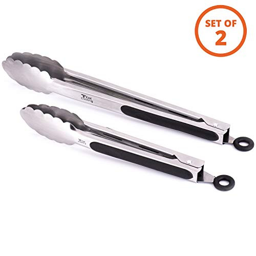 Set of 2 Stainless Steel Tongs for Cooking - 9 Inch and 12 Inch Kitchen Tongs with Silicone Enforced Handles