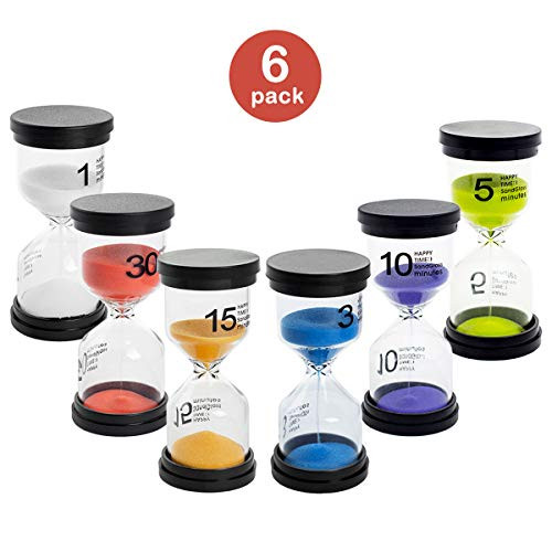 UltraOutlet 6-Pack Hourglass Timer Sand Timers Clock 1min/ 3mins/ 5mins/ 10mins/ 15mins/ 30mins Sand Glass Timers for Kids, Classroom, Game, Brushing