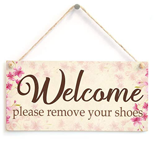 Hty Welcome Please Remove Your Shoes - Floral Shabby Chic Welcoming Door Sign Plaque 10" X 5"?25x12.5 cm?