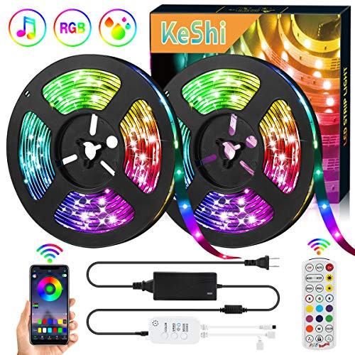 LED Strip Lights, KeShi 32.8ft RGB 300 LEDs SMD5050 Flexible Tape Light, IP65 Waterproof Music Sync Color Changing Rope Lights, IR Remote Control + Bl