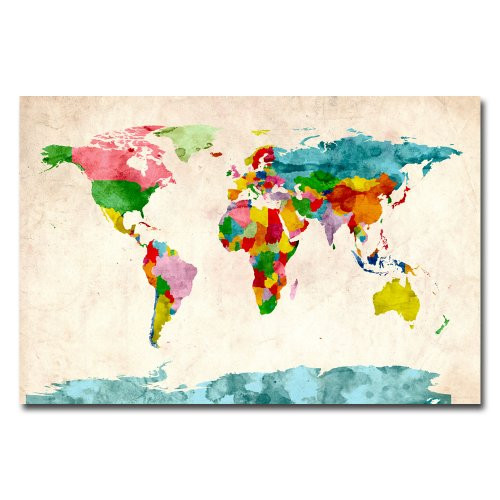 Watercolor World Map by Michael Tompsett, 22x32-Inch Canvas Wall Art
