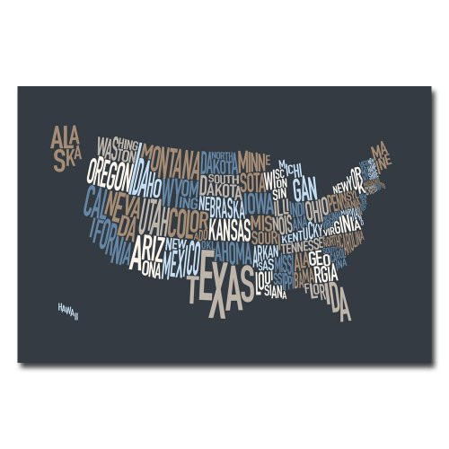 United States Text Map III by Michael Tompsett, 16x24-Inch Canvas Wall Art