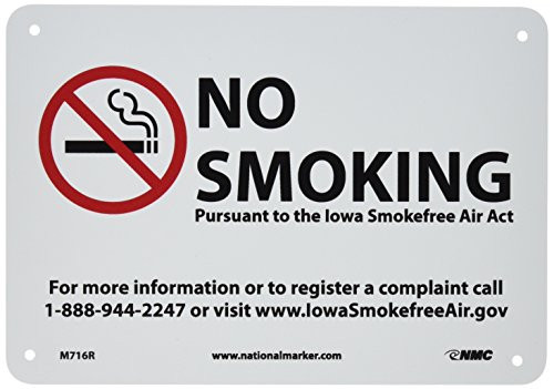NMC M716R No Smoking Sign, Legend "NO SMOKING" with Graphic, 10" Length x 7" Height, Rigid Polystyrene Plastic, Red/Black on White