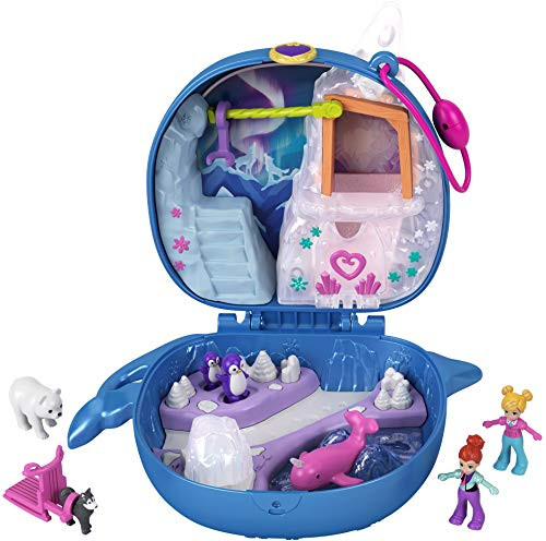 Polly Pocket Freezin' Fun Narwhal Compact with Fun Reveals, Micro Polly and Lila Dolls, Husky Dog & Sled, Polar Bear Figure & Sticker Sheet; for Ages